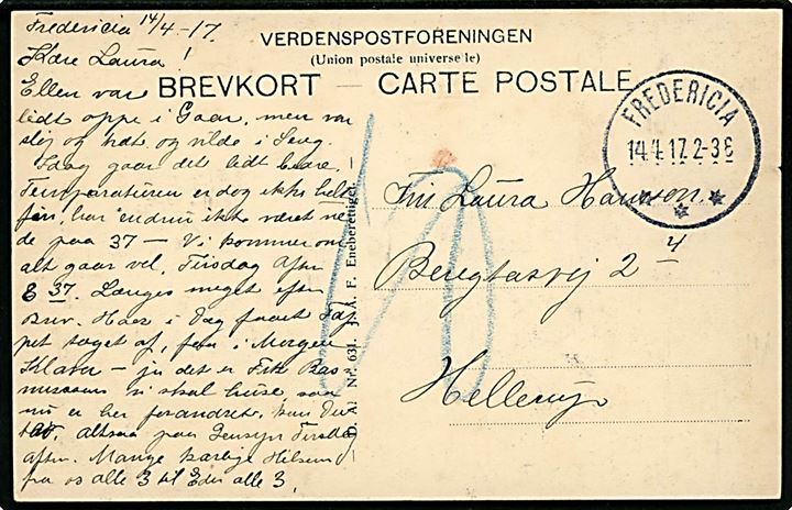 Ufrankeret brevkort med brotype IIIb Fredericia *** d. 14.4.1917 til Hellerup. Udtakseret i 10 øre porto.