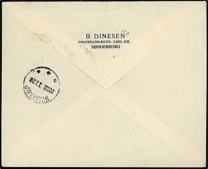 25 øre 1. Zone udg. single på overfrankeret brev fra Politifuldmægtig B. Dinesen i Sønderborg d. 6.7.1920 til Hellerup.