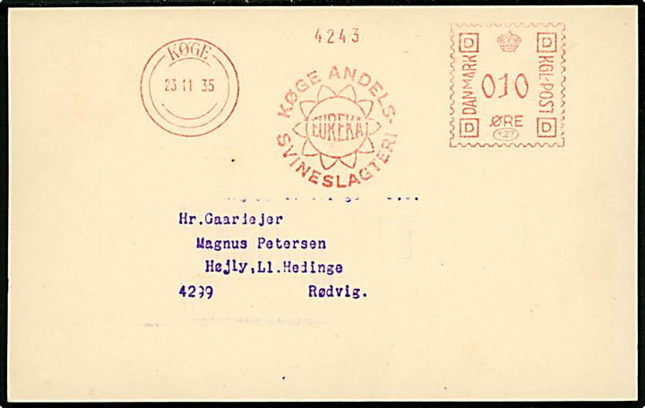 10 øre firmafranko fra Køge Andels-Svineslagteri på tryksagskort d. 23.11.1935 til Rødvig
