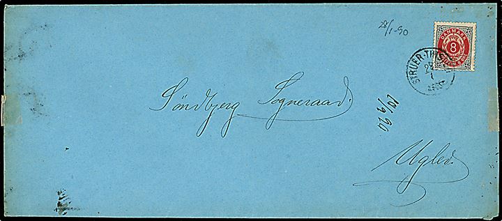 8 øre Tofarvet på aflang kuvert fra Thisted Amt annulleret lapidar Struer - Thisted d. 28.1.1890 til Søndbjerg Sogn pr. Uglev.