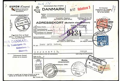 40 øre Karavel og 2 kr. Chr. X på internationalt adressebrev for pakke fra København d. 22.4.1944 til Røykenvik, Norge.