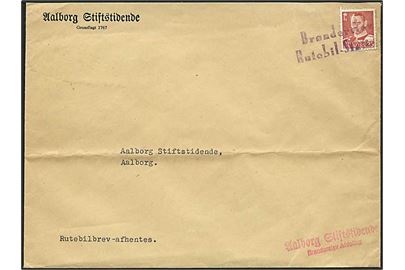 25 øre Fr. IX single på privat befordret rutebilbrev annulleret med 2-liniestempel Brønderslev Rutebil-Station ca. 1950 til Aalborg Stiftstidende. Påskrevet: “Rutebilbrev - afhentes”.