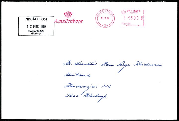 5 kr. firmafranko Amalienborg på brev fra København d. 11.3.1997 til Direktør Svenm Aage Kristensen, Unibank, Glostrup.