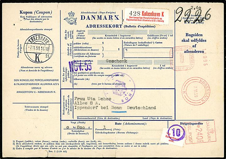 240 øre firmafranko Den kongelige Porcelainsfabrik på adressekort for pakke fra København d. 7.11.1959 til Ippendorf bei Bonn, Vesttyskland.