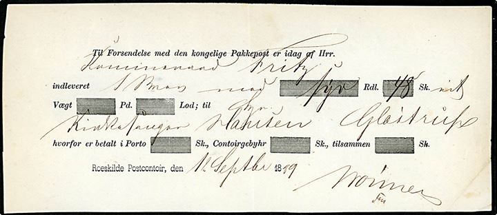 Fortrykt postkvittering fra Roeskilde Postcontoir d. 12.9.1889 for afsendelse af værdibrev til Glostrup.