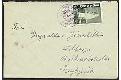 50 aur Geysir single på brev annulleret med violet brotype stempel Flatey d. 19.12.1942 til Reykjavik.