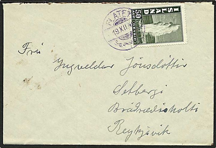 50 aur Geysir single på brev annulleret med violet brotype stempel Flatey d. 19.12.1942 til Reykjavik.