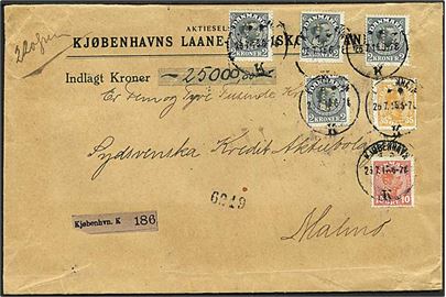 10 øre, 35 øre og 2 kr. Chr. X med perfin “D” på 6,45 kr. frankeret værdibrev (25000 kr) fra Kjøbenhavns Laane- og Diskontobank stemplet Kjøbenhavn K. d. 25.7.1915 til Malmø, Sverige.