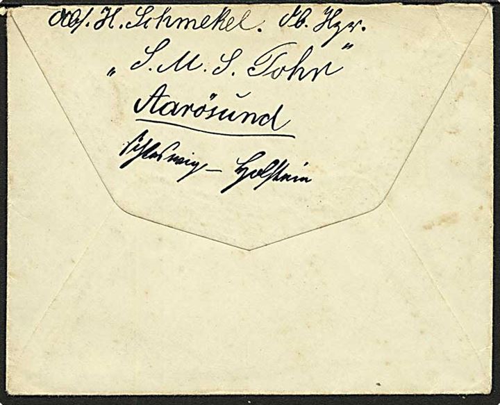 Ufrankeret feltpostbrev med indhold dateret Aarøsund d. 17.1.1915 til Ahrbergen. Briefstempel Kaiserliche Marine / Kriegsfeurschiff Thor. Fuld afs. på bagsiden.