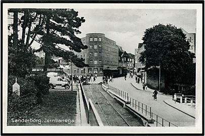Sønderborg, Jernbanegade med damptog. Stenders Sønderborg no. 42.