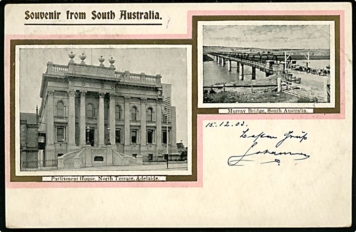 South Australia, Adelaide. Frankeret med ½d og 1d stemplet Port Adelaide S.A. d. 15.12.1903 til København, Danmark.