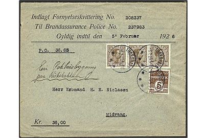 5 øre Bølgelinie og 20 øre Chr. X  i 3-stribe på 65 øre frankeret brev med opkrævning fra Thorshavn d. 6.2. 1925 til Midvaag.