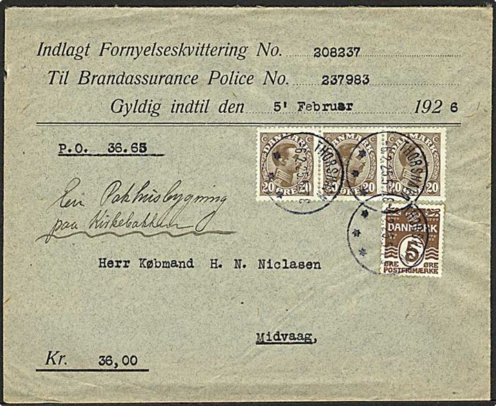 5 øre Bølgelinie og 20 øre Chr. X  i 3-stribe på 65 øre frankeret brev med opkrævning fra Thorshavn d. 6.2. 1925 til Midvaag.
