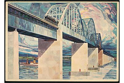 Storstrømsbroen med passerende damptog. DSB reklamekort. D.S.B. 7.1939.