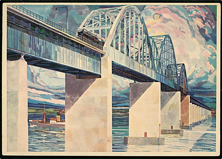 Storstrømsbroen med passerende damptog. DSB reklamekort. D.S.B. 7.1939.