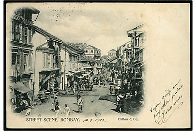 Indien, Bombay, Street Scene. Clifton & Co. Frankeret med 1 a. Edward VII fra Bombay d. 15.8.1903 via Sea Post Office C til København, Danmark.