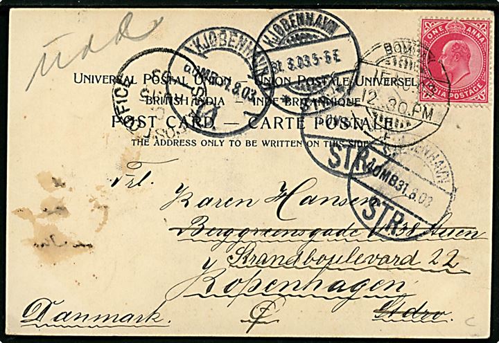Indien, Bombay, Street Scene. Clifton & Co. Frankeret med 1 a. Edward VII fra Bombay d. 15.8.1903 via Sea Post Office C til København, Danmark.