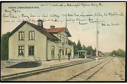 Sverige, Hargs Järnvägsstation. U/no. Frankeret med 5 öre Oscar annulleret med bureaustempel PLK 266B (= Dannemora - Hargshamn) d. 10.6.1906 til København, Danmark.
