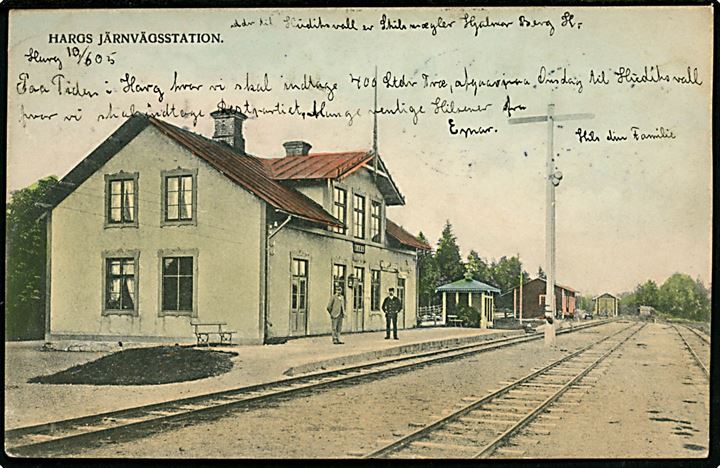 Sverige, Hargs Järnvägsstation. U/no. Frankeret med 5 öre Oscar annulleret med bureaustempel PLK 266B (= Dannemora - Hargshamn) d. 10.6.1906 til København, Danmark.