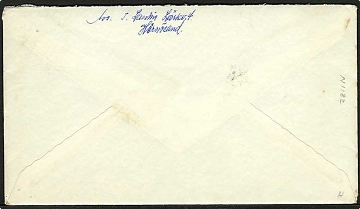 30 öre Kommunal Lager på brev fra Härnösand med sjældent bureaustempel FKMB 2667/4 d. 22.3.1962 til Fredericia, Danmark. Fuldt indhold.