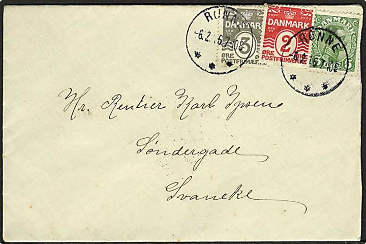 2 øre, 3 øre Bølgelinie og 5 øre Chr. X på brev annulleret med brotype IIIb stempel Rønne d. 6.2.1916 til Svaneke.