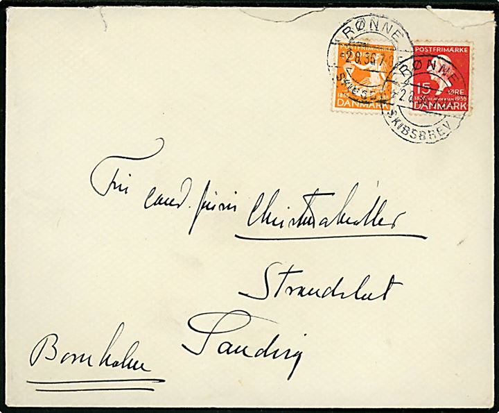 10 øre og 15 øre H. C. Andersen på fortrykt kuvert fra politikeren J. Christmas Møller annulleret med skibsstempel Rønne Skibsbrev d. 2.9.1936 til Sandvig, Bornholm.