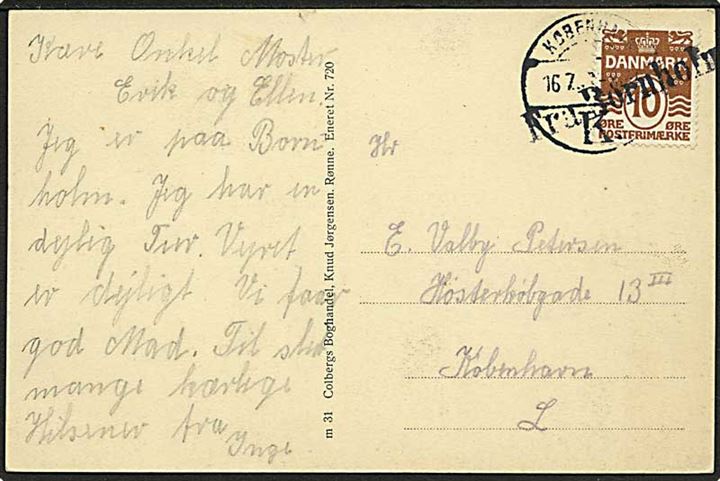 10 øre Bølgelinie på brevkort fra Bornholm annulleret med skibsstempel Fra Bornholm og sidestemplet København d. 16.7.1933 til København.