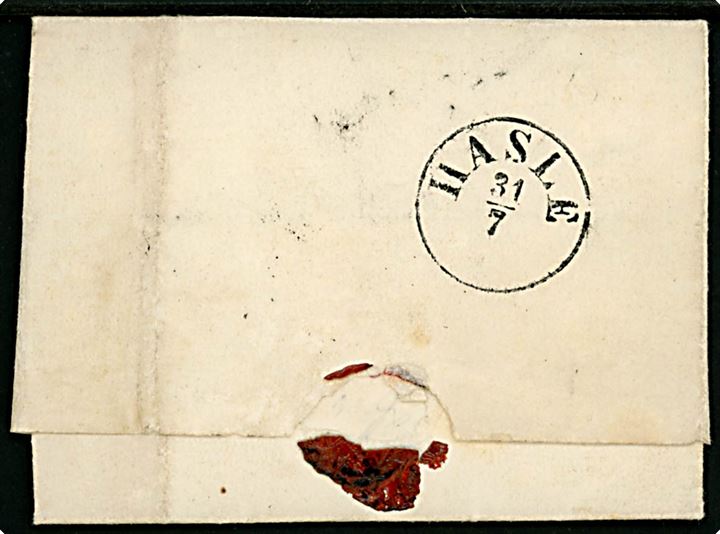 4 sk. stukken kant på brev annulleret med nr.stempel 96 og sidestemplet antiqua Allinge d. 31.7.(1863) til Hasle. På bagsiden ank.stemplet antiqua Hasle d. 31.7.(1863). Mærke revet i højre side.