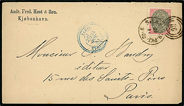 20 øre Tofarvet 6. tryk single på brev fra Kjøbenhavn annulleret med kombineret nr.-stempel 86/Sjæll.JB.PKT. d. 22.11.1881 til Paris, Frankrig.
