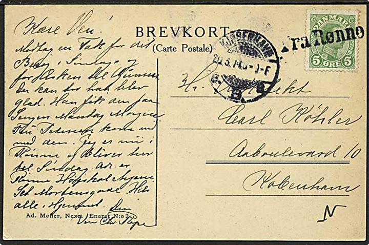 5 øre Chr. X på brevkort fra Bornholm annulleret med skibsstempel Fra Rønne og sidestemplet Kjøbenhavn d. 20.5.1914 til København.