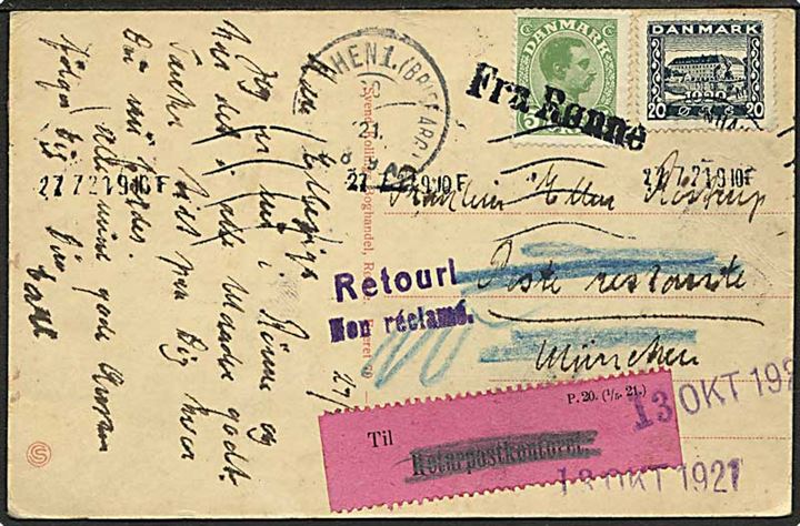 5 øre Chr. X og 20 øre Genforening på skibsbrevkort annulleret Fra Rønne og sidestemplet Kjøbenhavn d. 27.7.1921 til poste restante i München, Tyskland. Retur via Returpostkontoret som ikke afhentet.