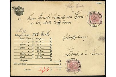 30 h. Franz Joseph (2) på fortrykt værdibrevs kuvert fra Karlsbad d. 16.2.1902 til Dömös a.d.Donau.
