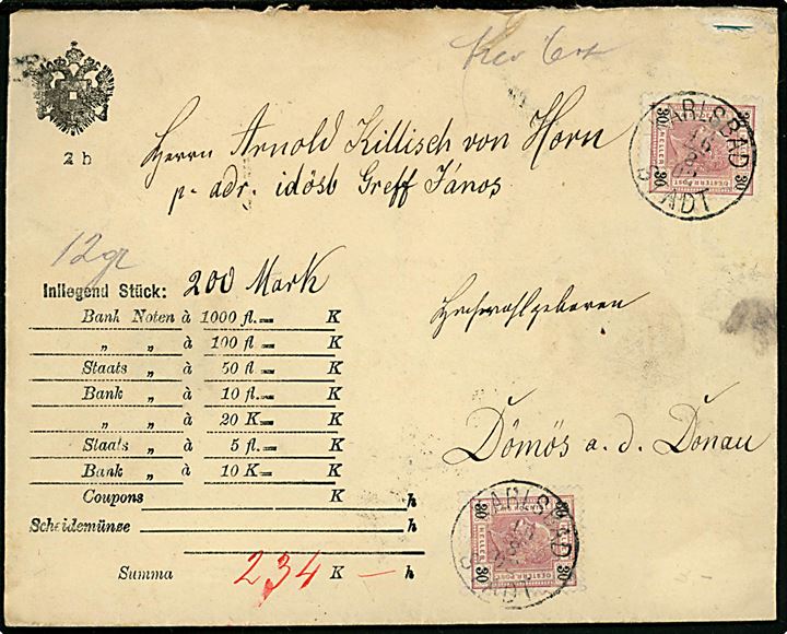 30 h. Franz Joseph (2) på fortrykt værdibrevs kuvert fra Karlsbad d. 16.2.1902 til Dömös a.d.Donau.