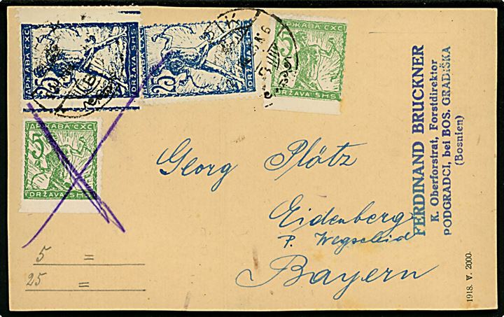 Slovenien. 5 vin. 3-side takket (2) og 25 vin. Kædespringer på brevkort fra Lipik d. 25.8.1920 til Eidenberg, Bayern, Tyskland.
