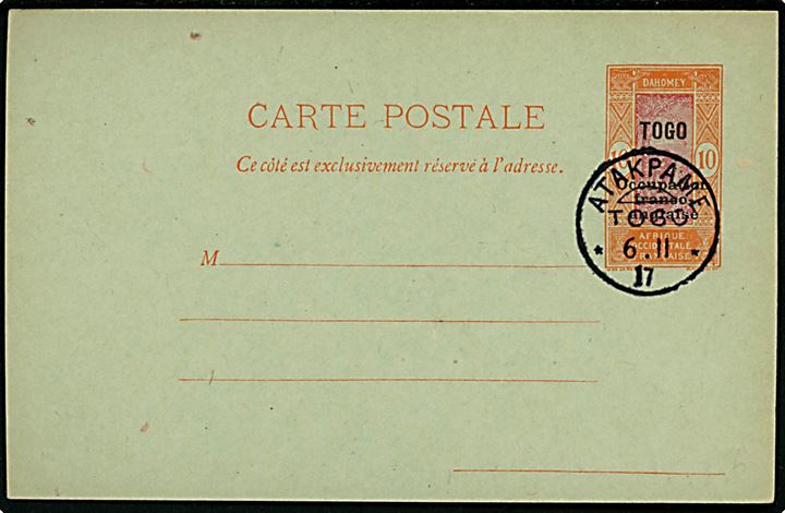 Fransk-britisk besættelse af Togo. 10 c. uadresseret helsagsbrevkort annulleret med tidl. tysk koloni-stempel Atakrame / Togo d. 6.11.1917.
