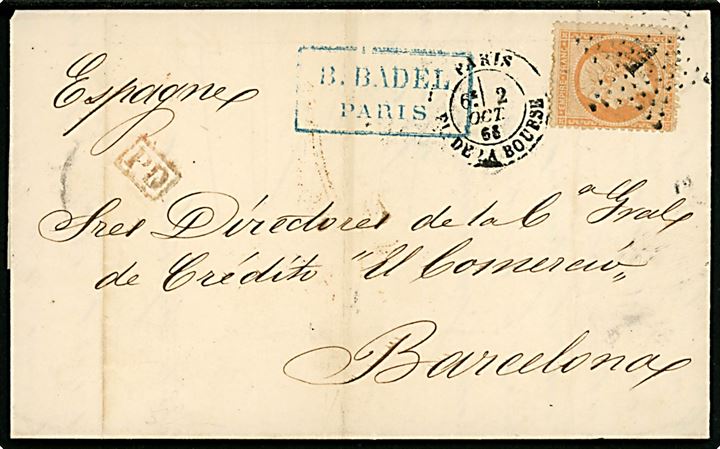 40 c. Napoleon III single på brev fra Paris d. 2.10.1866 til Barcelona, Spanien.