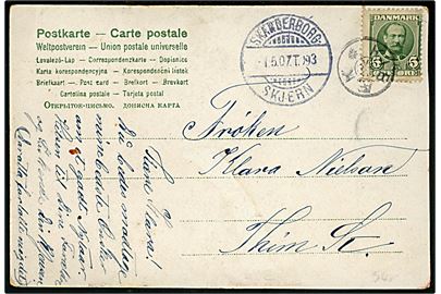 5 øre Fr. VIII på brevkort annulleret med stjernestempel KIBÆK og sidestemplet bureau Skanderborg - Skjern T. 93 d. 7.5.1907 til Tim St.