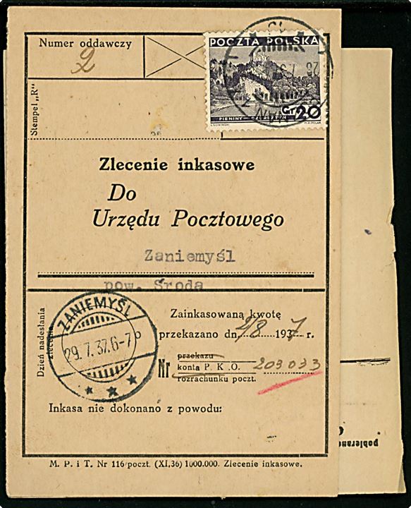 20 gr. Landskab single på anmeldelse annulleret Poznan d. 28.7.1937 og ank.stemplet i Zaniemysl d. 29.7.1937.