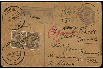 1/4 Anna George V helsagsbrevkort opfrankeret med 1½ Annas (par) George V sendt anbefalet fra Churu d. 18.6.1921