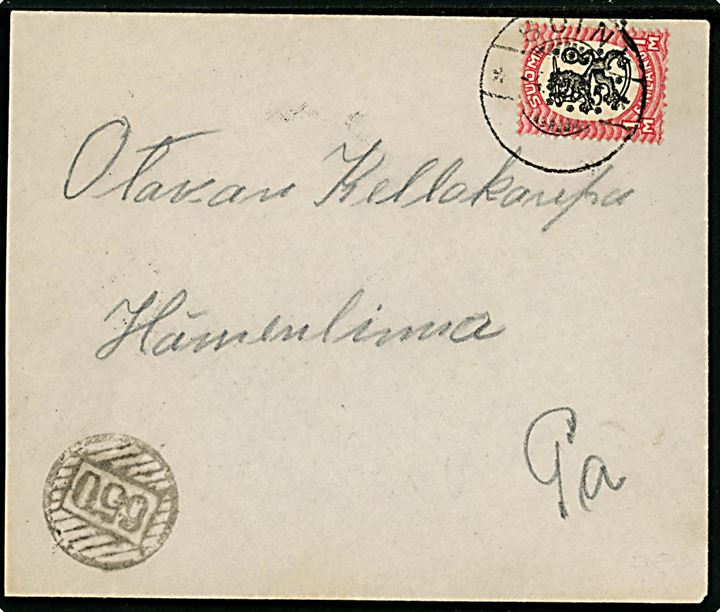 1 mk. Løve single på brev annulleret Soini d. 4.8.1925 og sidestemplet med nr.stempel 650 til Hämeenlinna.