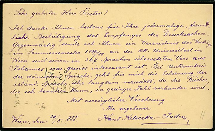 5 kr. Våben helsagsbrevkort fra Wipplingerstrasse Wien d. 2.6.1888 påskrevet Via Leith (Edinburgh) til Reykjavik, Island. På bagsiden ank.stemplet lapidar Reykjavik d. 12.6.1888.