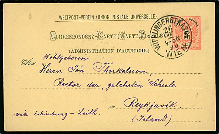 5 kr. Våben helsagsbrevkort fra Wipplingerstrasse Wien d. 26.2.1890 påskrevet Via Edinburg-Leith til Reykjavik, Island. På bagsiden ank.stemplet lapidar Reykjavik d. 19.3.1890.