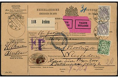 2½ c. Ciffer og 50 c. Vilhelmine i parstykke på adressekort for værdipakke fra Arnhem d. 9.11.1921 til Wiesbaden, Tyskland.