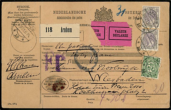 2½ c. Ciffer og 50 c. Vilhelmine i parstykke på adressekort for værdipakke fra Arnhem d. 9.11.1921 til Wiesbaden, Tyskland.