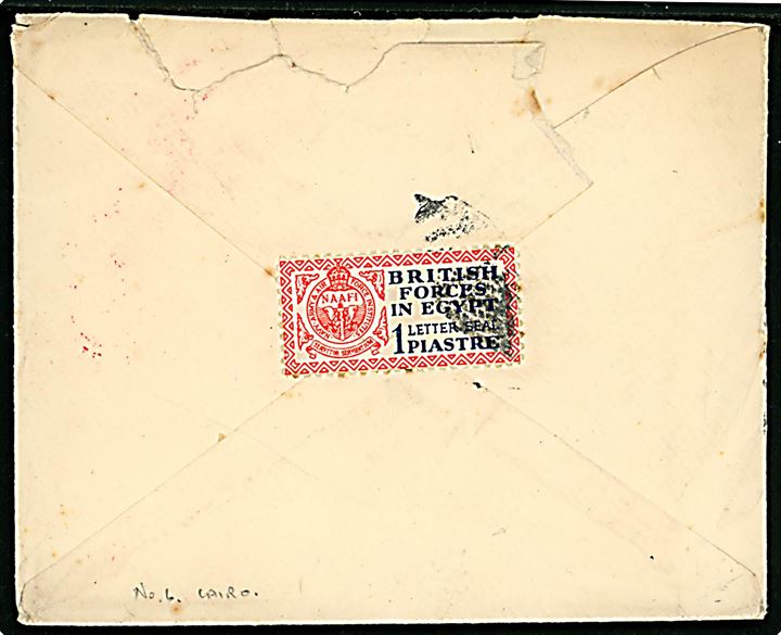 1 Pia. British Forces in Egypt NAAFI mærke annulleret med stumt rumbeformet stempel på bagsiden af brev sidestemplet M.P.O. Cairo d. x.5.1934 til Burton, England. På forsiden rødt: Egypt Postage Prepaid 5.
