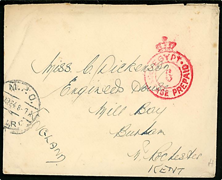 1 Pia. British Forces in Egypt NAAFI mærke annulleret med stumt rumbeformet stempel på bagsiden af brev sidestemplet M.P.O. Cairo d. x.5.1934 til Burton, England. På forsiden rødt: Egypt Postage Prepaid 5.