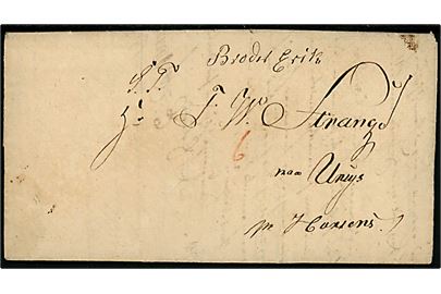 1840. Portobrev med langt indhold dateret i Vejle d. 30.5.1840 til Hr. F. W. Strange paa Urup pr. Horsens. Påskrevet 6 skilling med rødkridt.