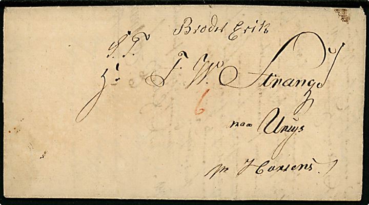 1840. Portobrev med langt indhold dateret i Vejle d. 30.5.1840 til Hr. F. W. Strange paa Urup pr. Horsens. Påskrevet 6 skilling med rødkridt.