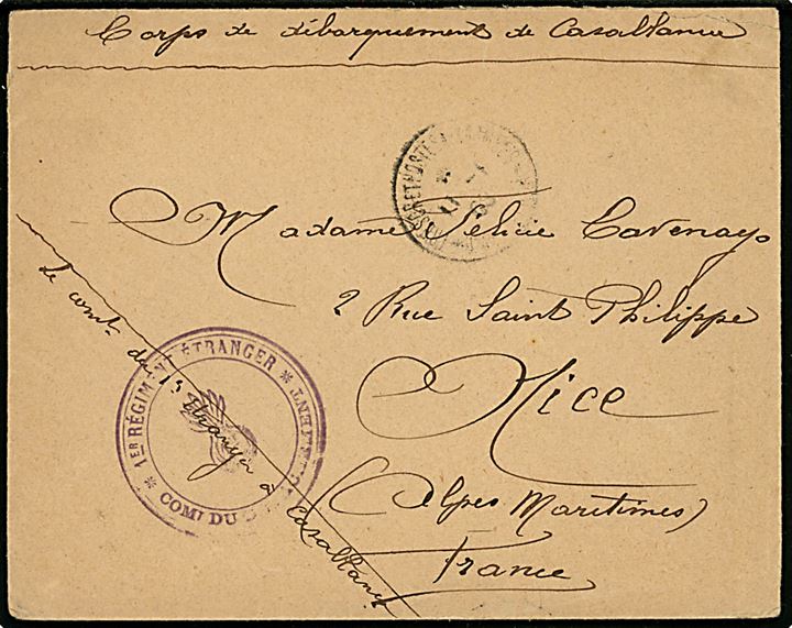 Ufrankeret feltpostbrev fra Fremmedlegionen i Marokke med svagt fransk feltpoststempel fra Casablanca d. 11.1.1903 til Nice, Frankrig. Stort afdelingsstempel fra 1er Regiment Etranger.