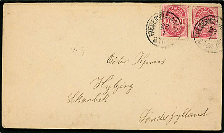 10 øre Våben i parstykke på brev annulleret med lapidar bureaustempel Fredericia - Aalborg d. 23.1.1888 til Scherrebek i Nordslesvig.